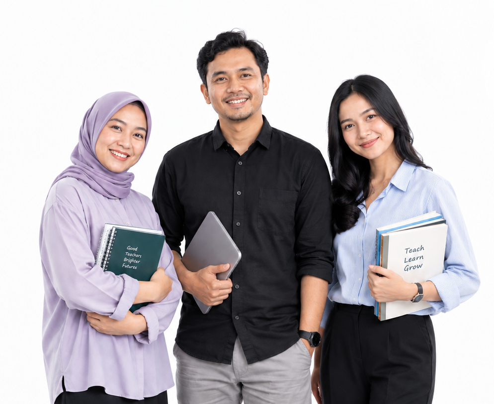 Tiga tutor Tutooria tersenyum sambil membawa buku dan tablet